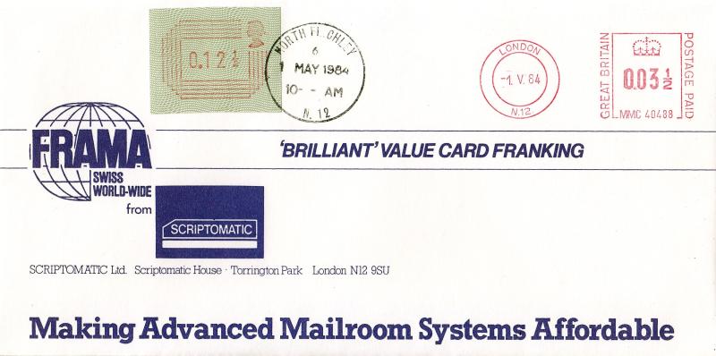 1984 (05) Frama 12½p - Scriptomatic Cover + London N12 Meter Mark