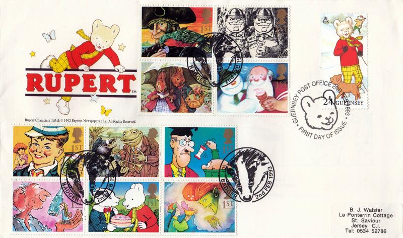 1993 (02) Greetings - Guernsey 'Rupert' Cover - Doubled with the GB Set - Badger H/S