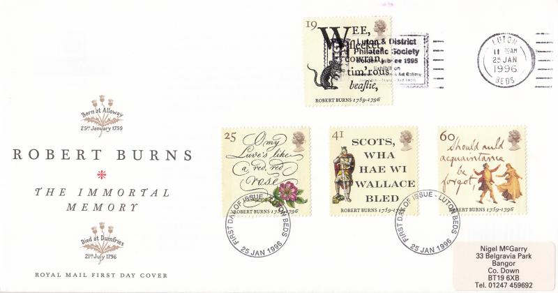 1996 (01) Robert Burns - RM - Luton & District Philatelic Society Slogan