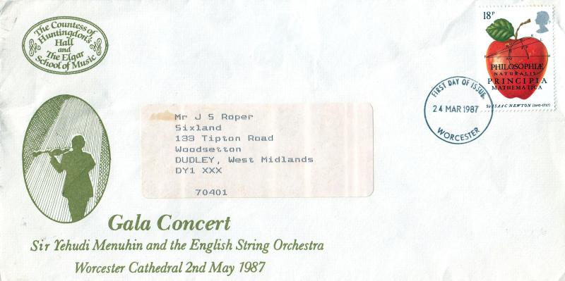 1987 (03) Isaac Newton - Countess of Huntingdon's Hall & Elgar School of Music Cover - 18p - Worcester FDI