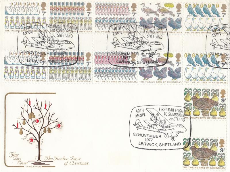 1977 (11) Christmas - Cotswold - GUTTER PAIRS - First Mail Flight To Shetland, Lerwick H/S