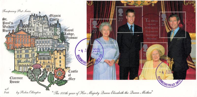 2000 (08) Queen Mother M/S - 4d Post - Buckingham Palace CDS