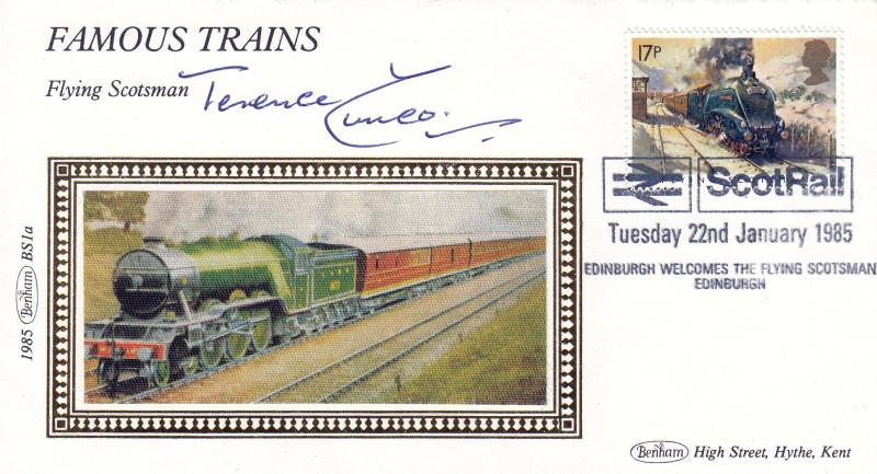 1985 (01) Famous Trains - Benham Small Silk - 17p - ScotRail H/S - Signed by Terence Cuneo