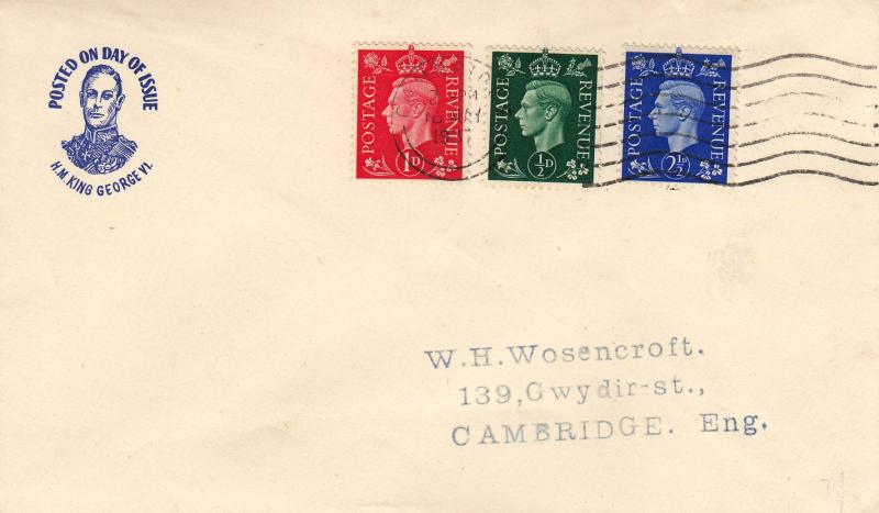 1937 (05) George VI Low Value Definitives - Illustrated 'Small Blue Head' Cover - Cambridge Wavy Line Slogan