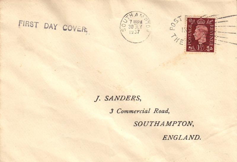 1937 (07) George VI 1½d Brown - Sanders Cover - Southampton 'Post Early In The Day' Slogan