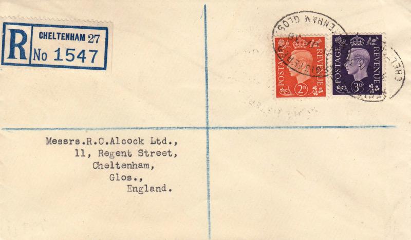 1938 (01) George VI 2d Orange & 3d Violet - Plain - Cheltenham (Oval) CDS