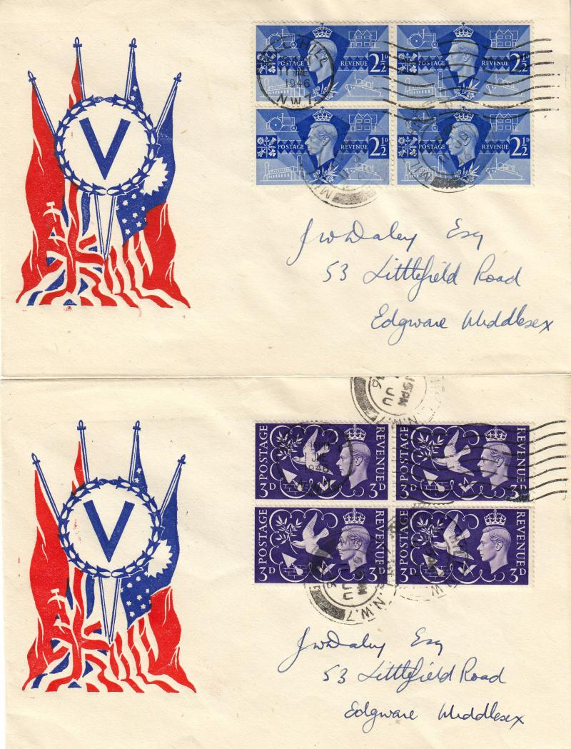 1946 (06) Victory - Multiple Flags cover (pair) - Blocks of Four - Mill Hill Wavy Line Slogan + Mill Hill CDS's