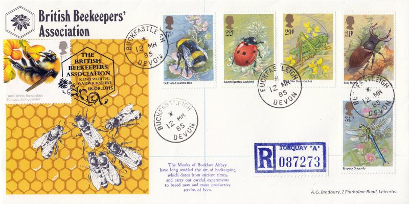 1985 (03) Insects - Bradbury 'British Beekepers Association' Cover - Buckfastleigh CDS - Doubled 2015 'Bumblebee' Stamp