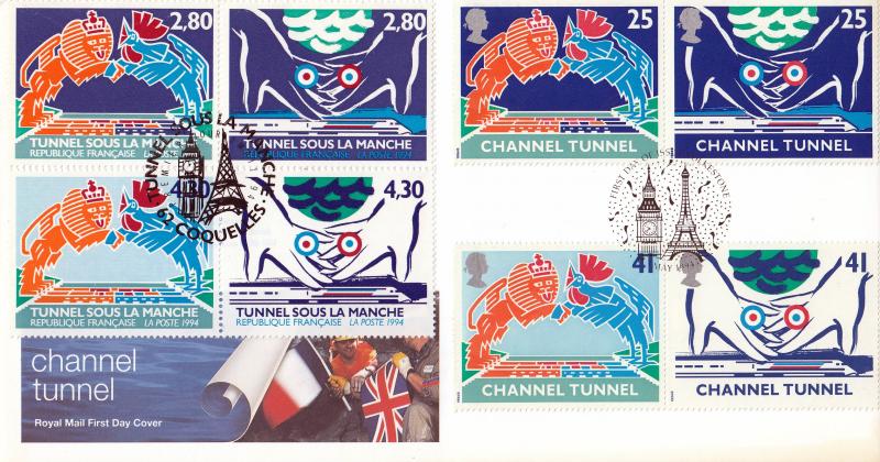 1994 (05) Channel Tunnel - RM - Both UK & French Sets on One RM Cover - Folkestone & Coquelles H/S's