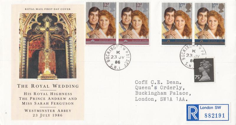 1986 (07) Wedding - RM - PAIR of covers - Buckingham Palace CDS + Windsor Castle CDS (Wedding Day)