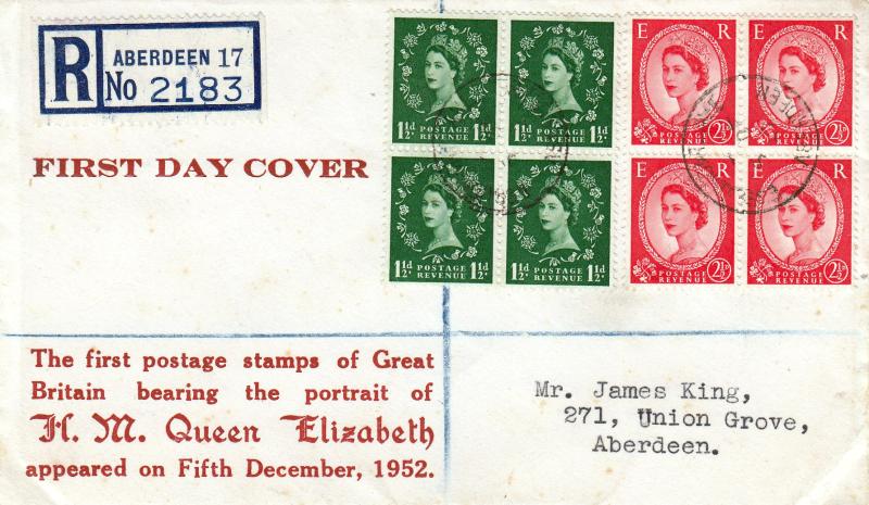 1952 (12) 1½d + 2½d Definitives - Red Text Cover - Aberdeen CDS