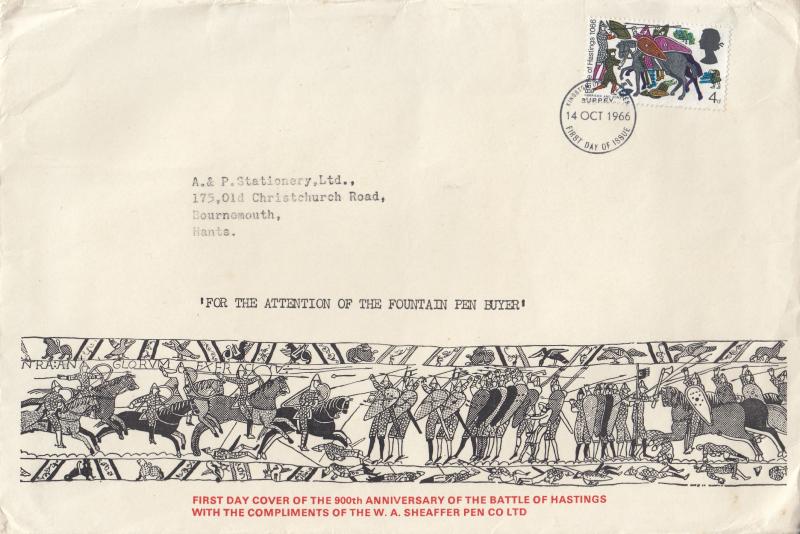 1966 (10) Battle of Hastings - W.A. Sheaffer Pen Co Ltd 'Cinderella' Cover - 4d - Kingston Upon Thames FDI