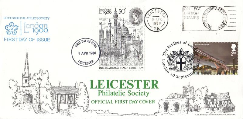 1980 (04) London 50p - Bradbury LFDC 1 - Collect British Stamps Slogan - But Doubled with a 2002 London Bridges Stamp & H/S