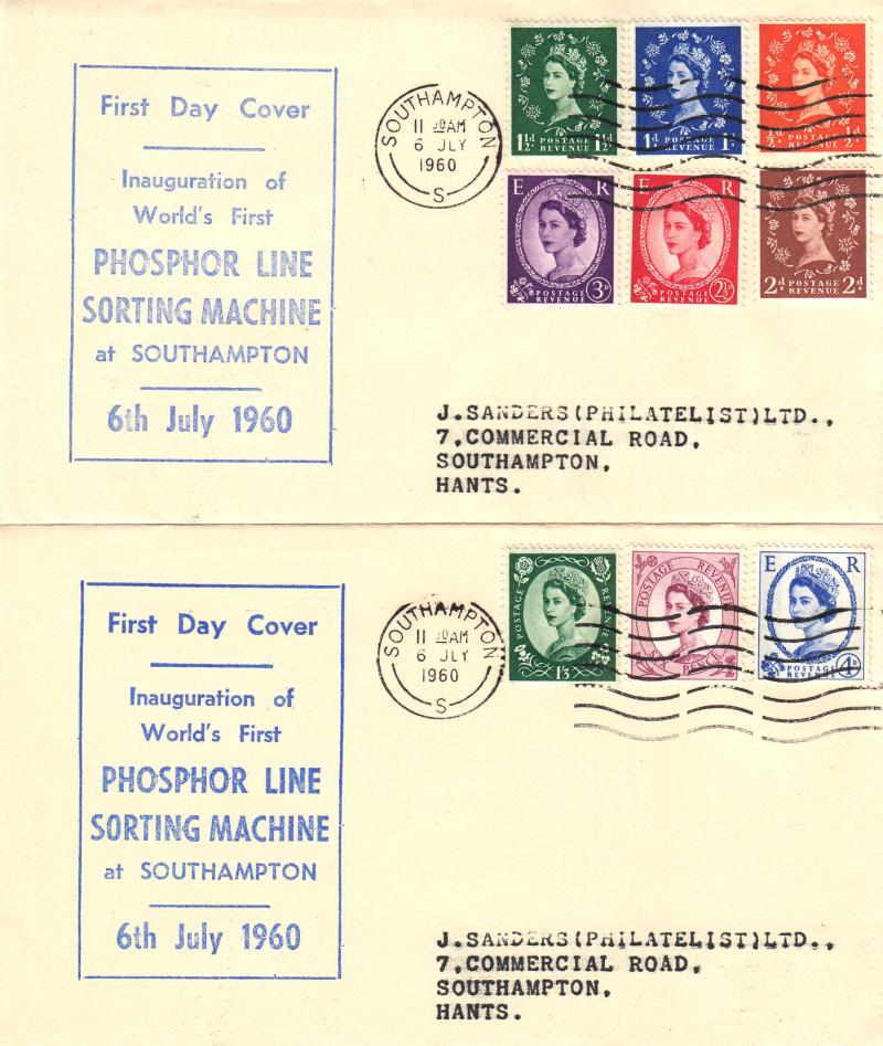 1960 (07) Phosphor Line (New Letter Sorting Machine) Defintives - Pair of Sanders Display Covers - Southampton 'S' Wavy Line Slogan