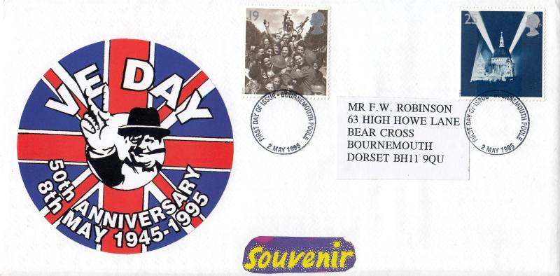 1995 (05) VE Day - Privately Produced Cover - 19p+25p - Bournemouth FDI