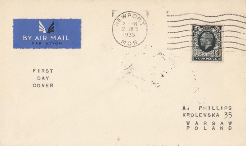 1935 (12) 4d Grey-Green Photogravure Definitive - Phillips Air Mail Cover - Newport Wavy Line Slogan