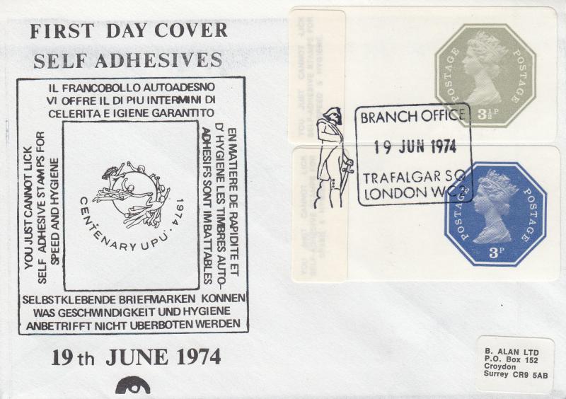 1974 (06) 3p & 3½p Self Adhesives - Centenary UPU Cover - Branch Office, Trafalgar Square H/S