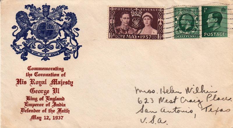 1937 (05) Coronation - Blue 'Coat of Arms' Cover - London WC Wavy Line Slogan