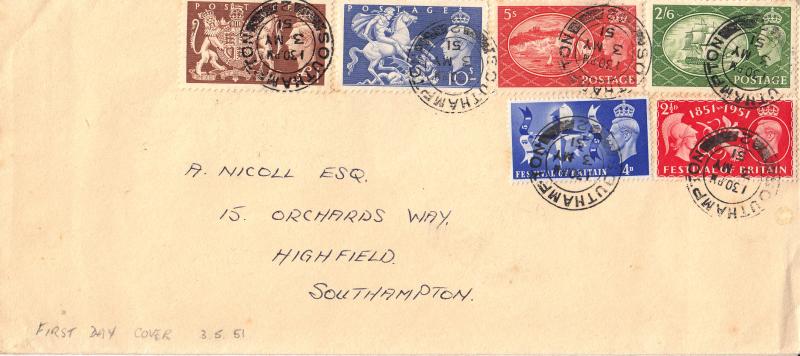 1951 (05) Festival High's + Festival Commemoratives - Plain Cover - Southampton CDS