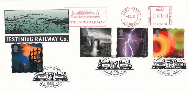 2000 (02) Fire & Light - Festiniog Railway Co Cover + Festiniog Railway Meter Mark  + Porthmadog H/S