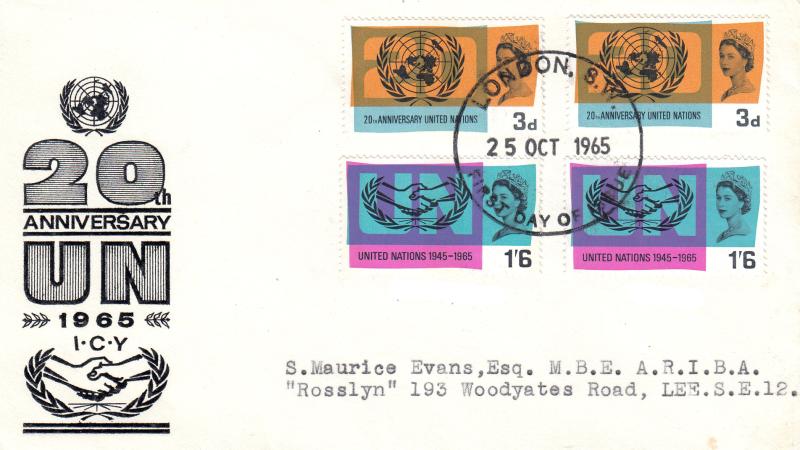 1965 (10) United Nations - 'Logo & Hands' Cover - Ord & Phosphor - London SW FDI