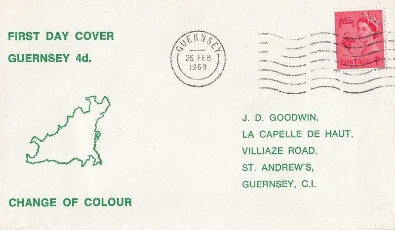 1969 (02) 4d Guernsey Regional 4d Red - Green Island Outline Cover - Guernsey Wavy Line Slogan