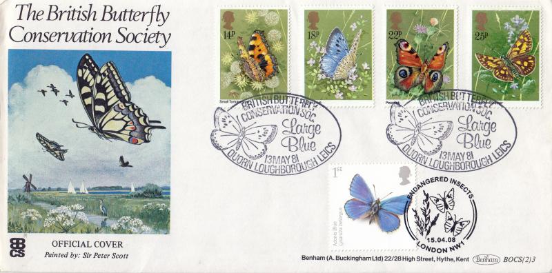 1981 (05) Butterflies - Benham Butterfly Conservation Society BOCS (2) 3 (Large Blue, Quorn) Official - Doubled 2008 'Butterfly' Stamp