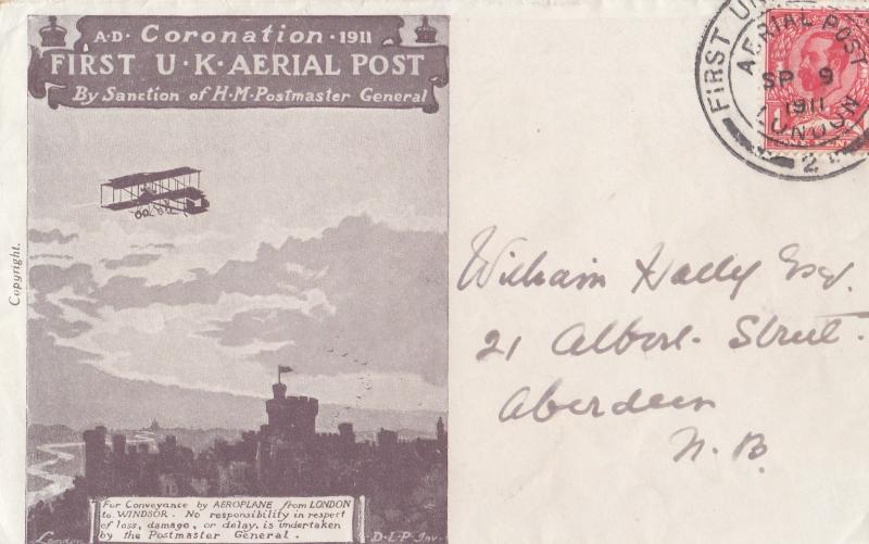 1911 (09) First UK Aerial Post - Purple/Brown Envelope - 1d Red - First United Kingdom Aerial Post, London H/S