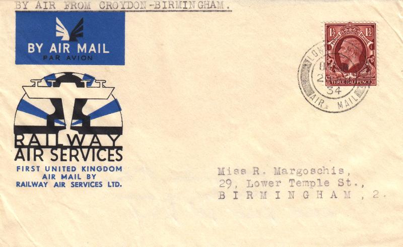 1934 1½d Brown Photogravure Definitive - Railway Air Services Cover - London F.S. Air Mail CDS