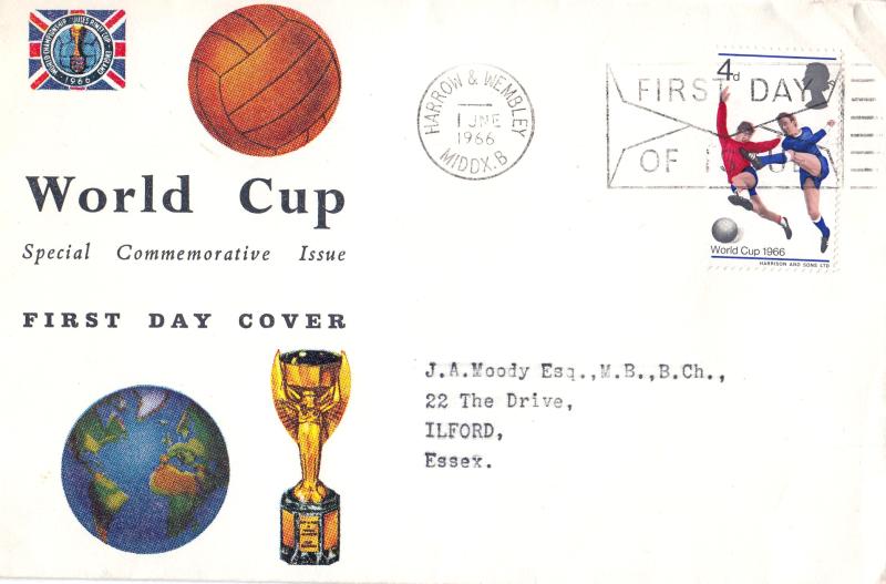 1966 (06) World Cup - Connoisseur - Ord - 4d - Harrow & Wembley First Day of Issue 'Envelope' Slogan