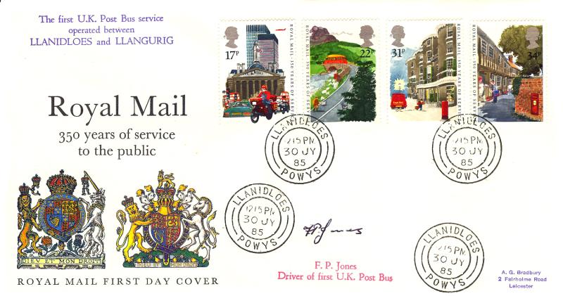 1985 (07) Royal Mail - RM - Llanidloes CDS - Signed by F.P. Jones