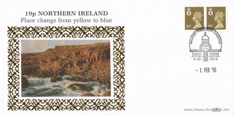 1996 (02) 19p Northern Ireland Regional Flour Change Yellow to Blue - Benham D261 - Belfast Counter H/S