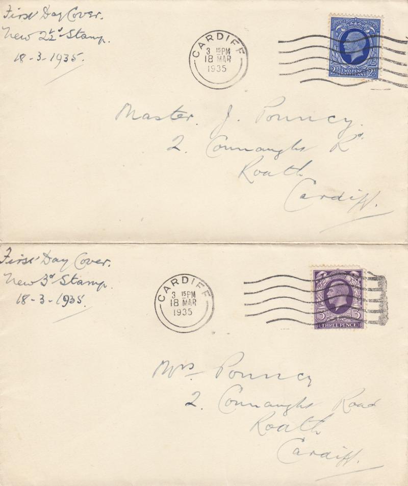 1935 (03) 2½d Blue + 3d Violet Definitives - Plain (Matching Pair) - Cardiff Wavy Line Slogan