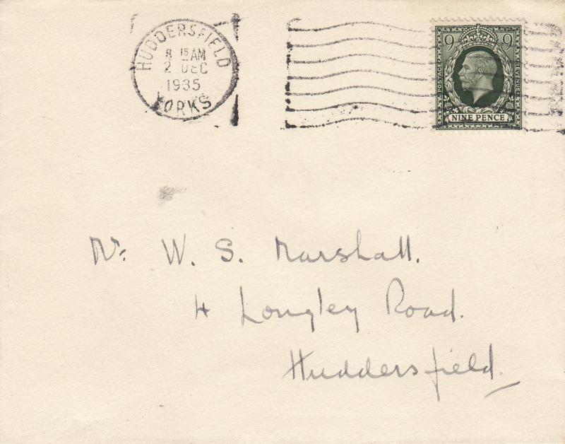 1935 (12) 9d Olive Green - Plain - Huddersfield Wavy Line Slogan