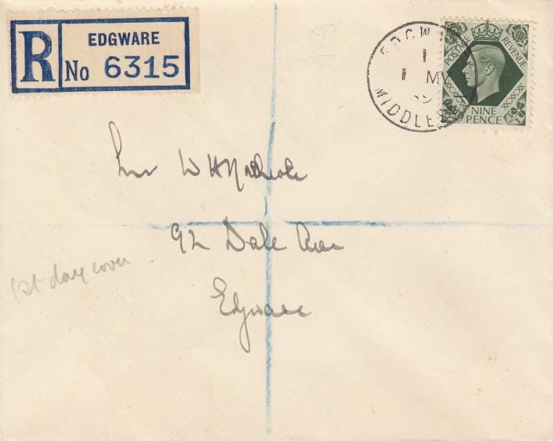 1939 (05) 9d Olive-Green - Plain - Edgware CDS