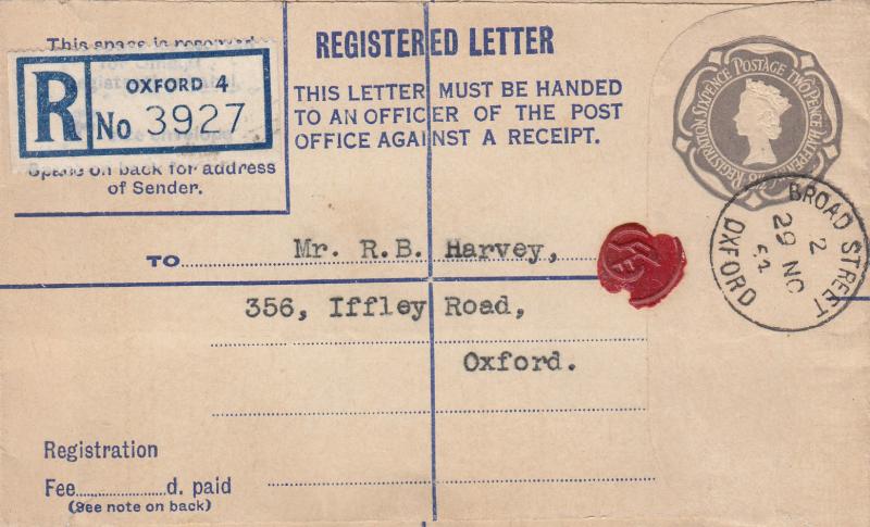 1954 (11) 8½d Slate Printed Registered Letter - Oxford CDS