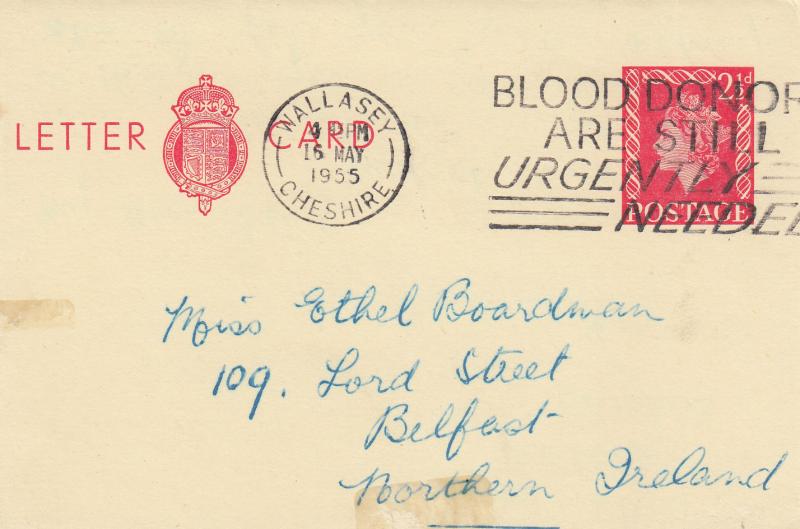 1955 (05) 2½d Scarlet Printed Letter Card - Wallasey Blood Donors Slogan