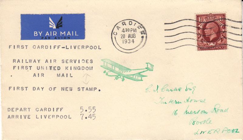 1934 (08) 1½d Photogravure Brown - Railway Air Services Cover - Cardiff-Liverpool First Flight + New Stamp - Cardiff Wavy Line Slogan