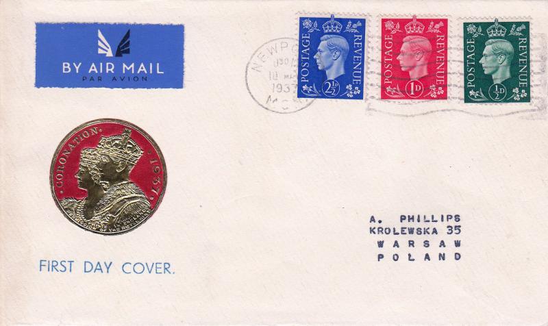 1937 (05) KGVI ½d+1d+2½d Definitives - Phillips Air Mail Cover + Coronation Image - Newport Wavy Line Slogan