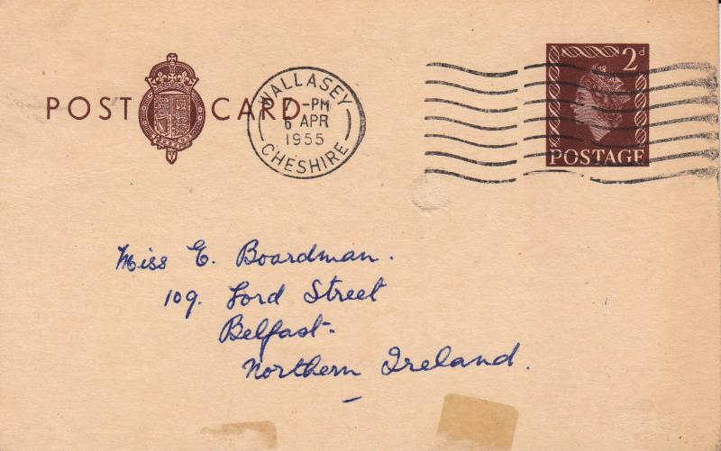 1955 (04) 2d Brown Printed Post Card - Wallasey Wavy Line Slogan