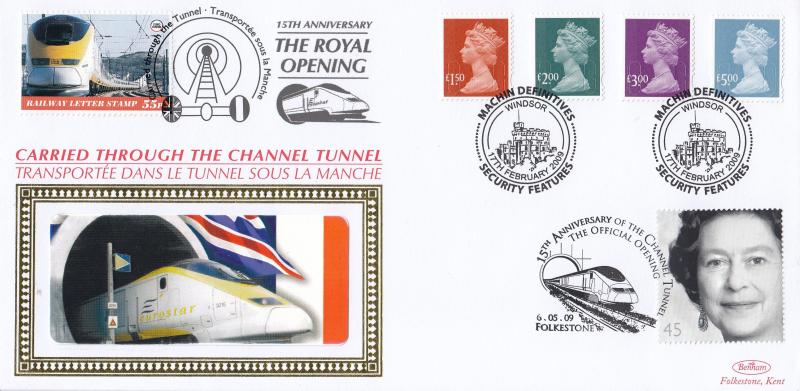 2009 (02) Small Machin High Values - Benham 'Through The Channel Tunnel' (Windsor) Special - Doubled 2009 Opening 15th Anniversary