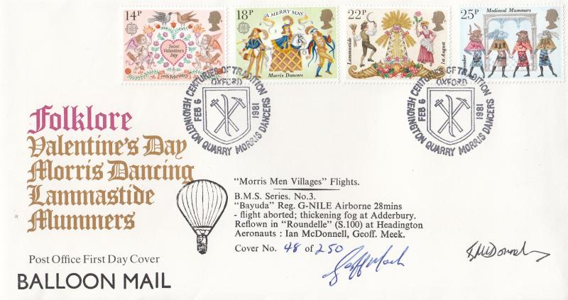 1981 (02) Folklore - PO - Balloon Mail Overprint - Headington Quarry H/S