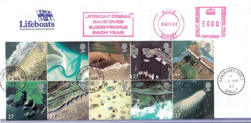 2002 (03) Coastlines - RNLI Cover - Sandbanks CDS + Lifeboat Crews Save Over 8,000 People Each Year Meter Mark