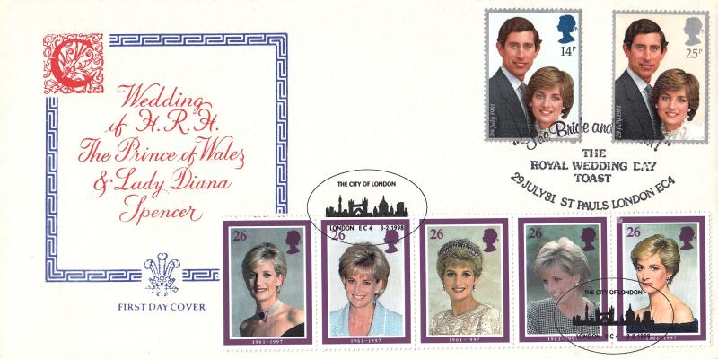 1998 (02) Diana - Red Text & Blue Border Cover - 1981 Wedding Day Cover - Doubled in 1998 City of London EC4 H/S