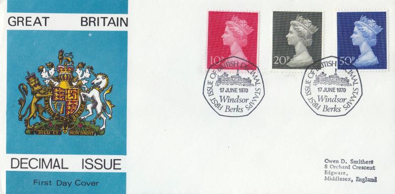 1970 (06) Large Machin Definitives - Coat of Arms Cover - First Issue of British Decimal Stamps, Windsor H/S