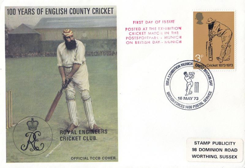 1973 (05) Cricket - SP TCCB Royal Engineers Cover - IBRA Exhibition Munich, BF1400PS H/S (s)