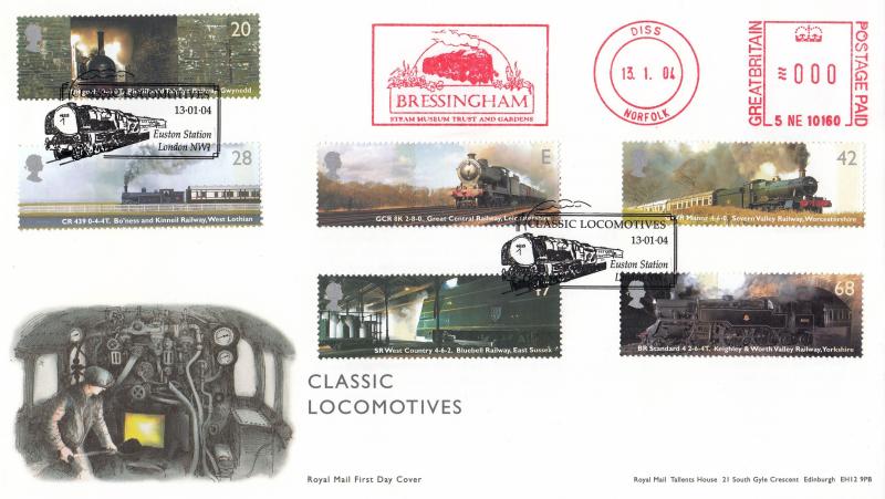 2004 (01) Classic Locomotives (Stamps) - RM - Euston Station H/S + Bressingham Steam Museum Trust and Gardens Meter Mark
