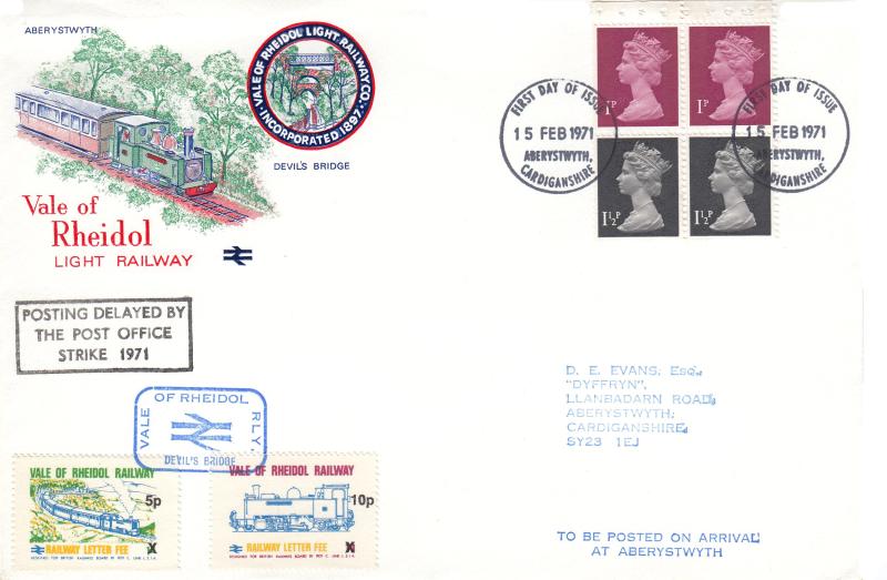 1971 (02) Decimal Definitives - 10p Booklet - Single Pane - Vale of Rheidol Light Railway Cover - Aberystwyth FDI