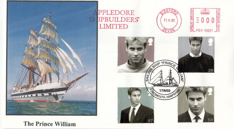 2006 (06) Prince William - Privately Produced Cover - Sailing Ship, Prince William H/S + Appledore Shipbuilder's Meter Mark