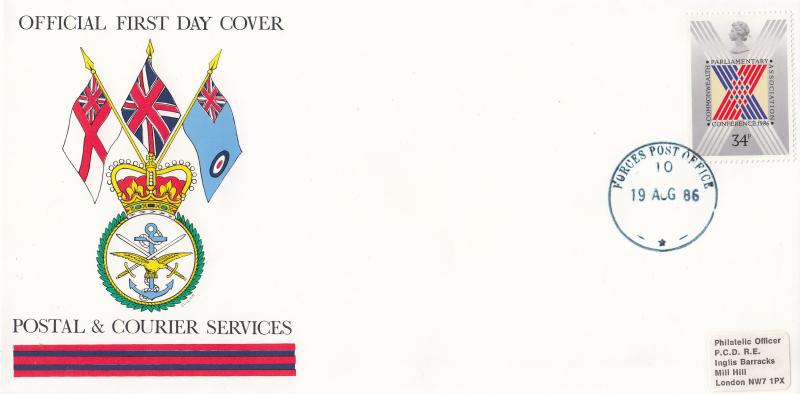 1986 (08) Parliamentary Conference - Postal & Courier Services Cover - Forces Post Office 10 CDS
